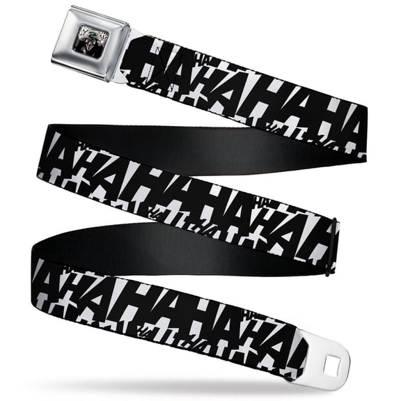 DC Comics Belt, Seatbelt Buckle Belt, Jokers Laugh Hahaha Repeat White Black, 24 to 38 Inches