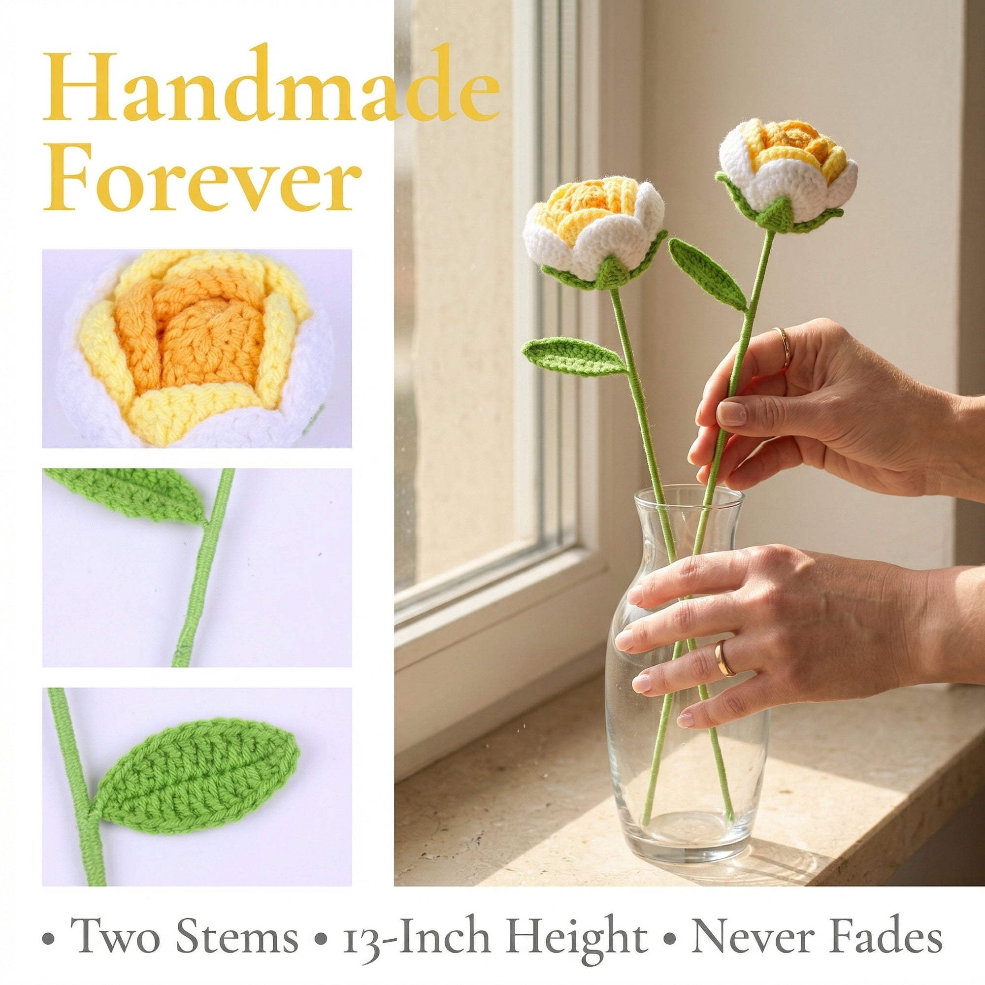 Unique Bargains 2Pcs Handmade Crochet Long Stem Realistic Fake Roses Gradient Yellow