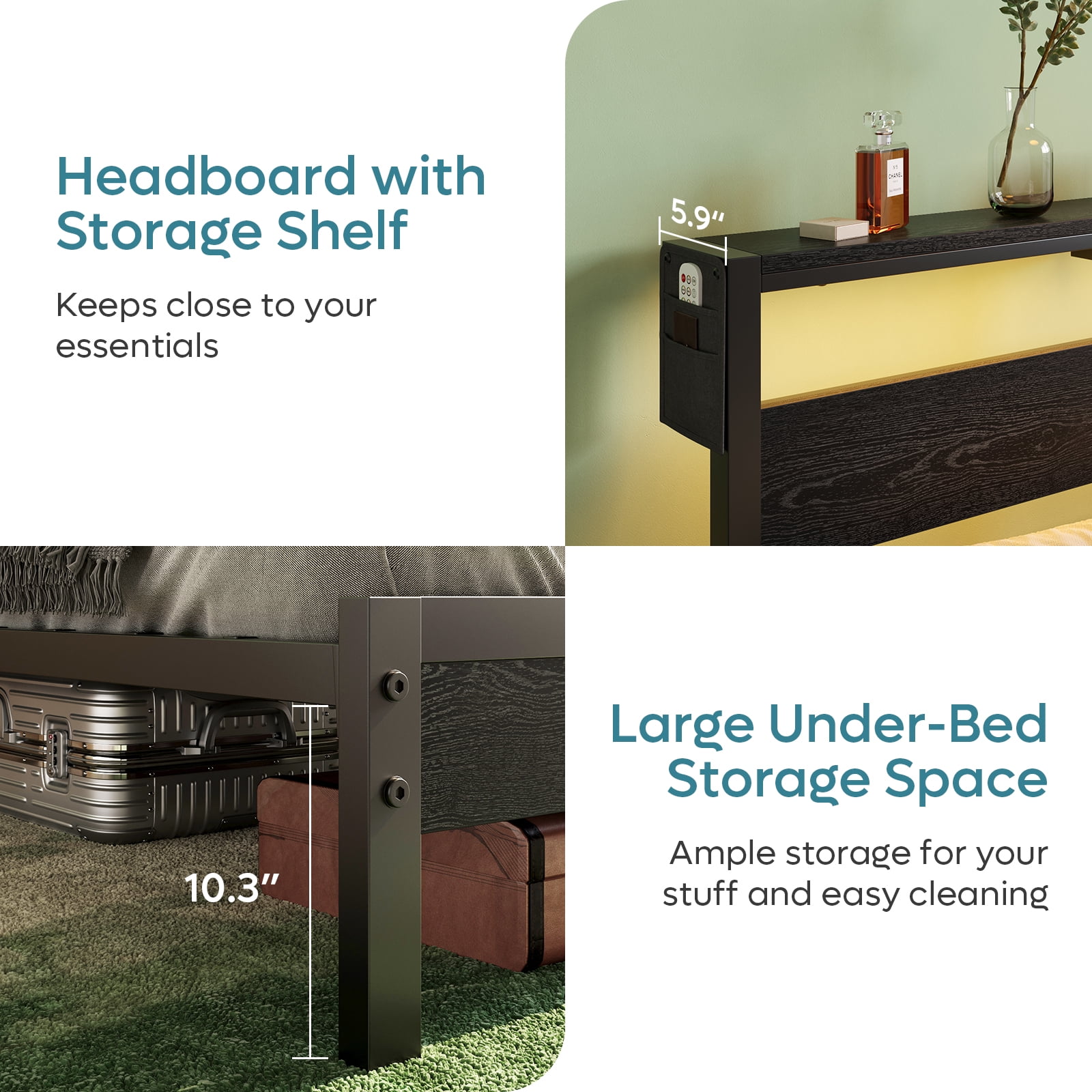 Bestier Queen Size Platform Bed Frame with Storage Headboard, LED Lights & USB Charging Station, Metal Bed Frame Black