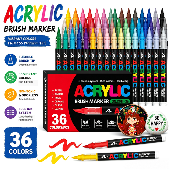 YLY 36 Colors Brush Tip Acrylic Paint Markers Water Based Non Toxic Paint Pens for Rock Wood Glass Ceramic Canvas DIY Art Craft Painting