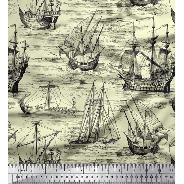 Soimoi Modal Satin Fabric Waves & Ship Ocean Print Fabric by The Yard 42 Inch Wide