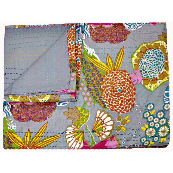 Indian Vintage Kantha Quilt Gray Fruit Print Cotton Kantha Throw Kantha Blanket Handmade Quilt Double Size Kantha Bedspread Gudari