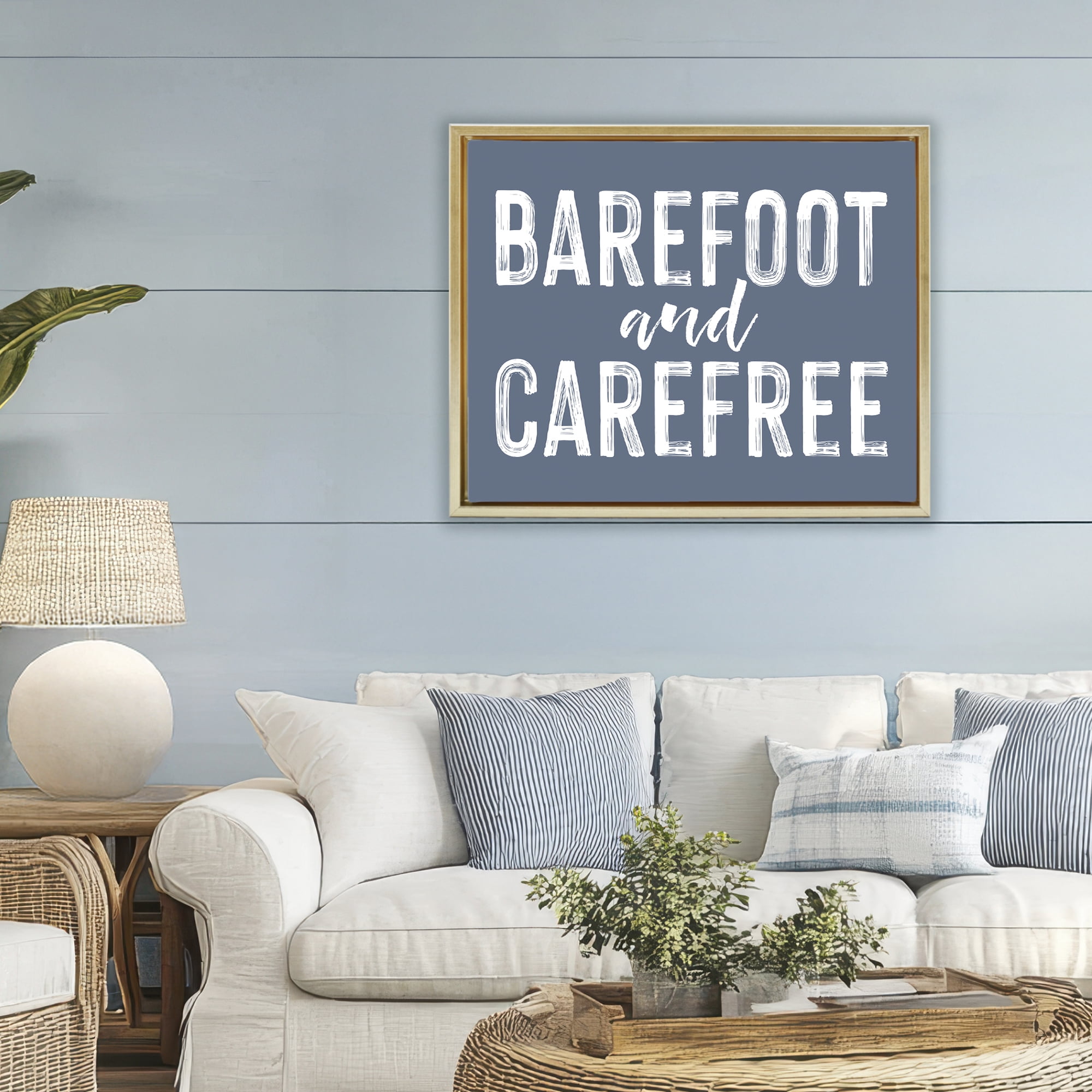 Barefoot & Carefree Blue Gold Framed Floater Canvas Wall Art, design by Lettered and Lined