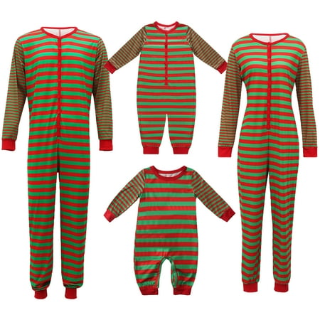 

Family Matching Pajamas Set Red Green Stripe Print One Piece Round Neck Sleepwear Christmas Button Down Jumpsuit