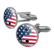 USA Patriotic Yin and Yang American Flag Round Cufflink Set Silver Color