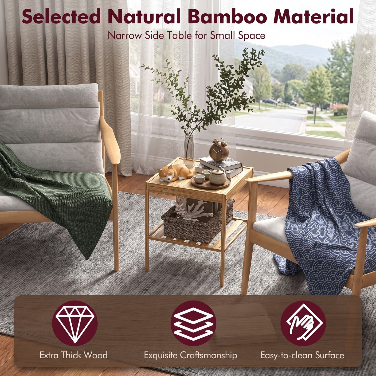 Furnibear 2 Tier Bamboo Nightstand Set of 2 with Open Shelf and Solid Tabletop for Bedroom and Living Room, Wood End Table, Natural