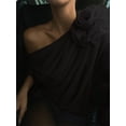 thumbnail image 3 of Gupgi Women Ruched Chiffon Tops One Shoulder Long Sleeve 3D Floral Mesh Shirt Solid Color Blouse, 3 of 5