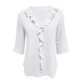 thumbnail image 3 of Ajshakl White V-Neck Casual Oversized Tshirts for Women, 2025 Chiffon Shirt Mid Sleeved Pleated Ruffled Loose Top Mid Sleeved Top, 3 of 7