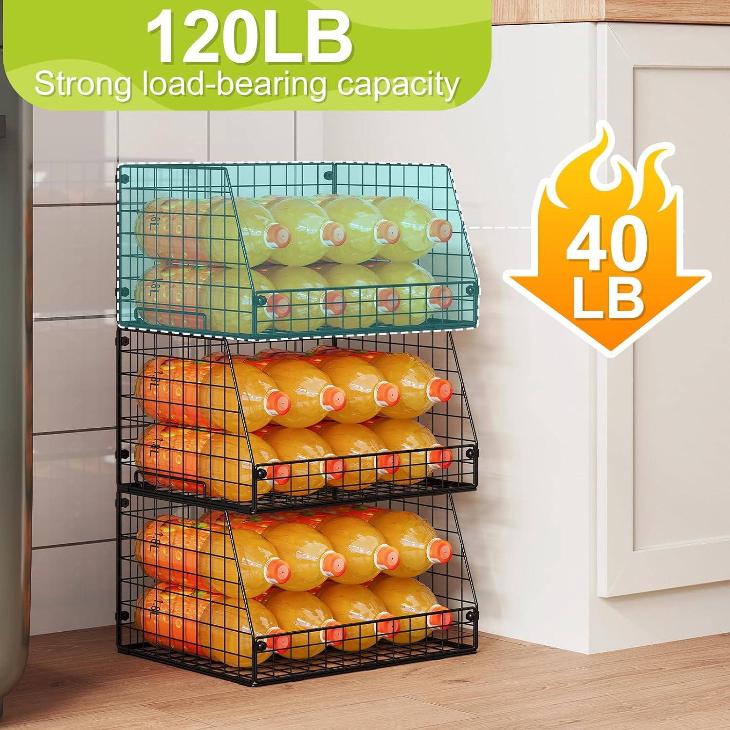 X-COSRACK 3-Pack XXL Stackable Wire Baskets, Foldable Metal Pantry Organizers & Storage Bins for Potato, Onion and Fruit, Black