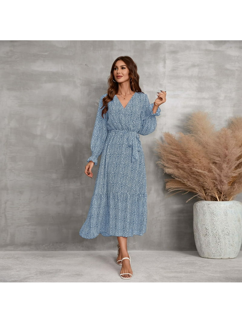 chinese dress ladies Floral Tie Belt Bishop Sleeve Slit Maxi Dress – Anchor Blue Jeans main image 0