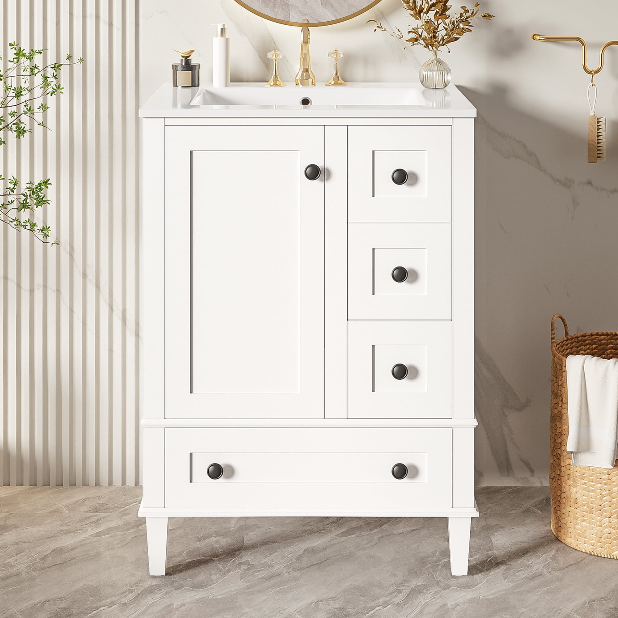 Euroco 24-inch white bathroom vanity with an integrated ceramic basin, featuring a door-mounted double-layer shelf, soft-close drawers, and a soft-close cabinet door