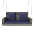 thumbnail image 3 of YYAo 2-Person Wicker Hanging Porch Swing with Chains, Cushion, Pillow, Rattan Swing Bench for Garden, Backyard, Pond. (Gray Wicker, Blue Cushion), 3 of 10