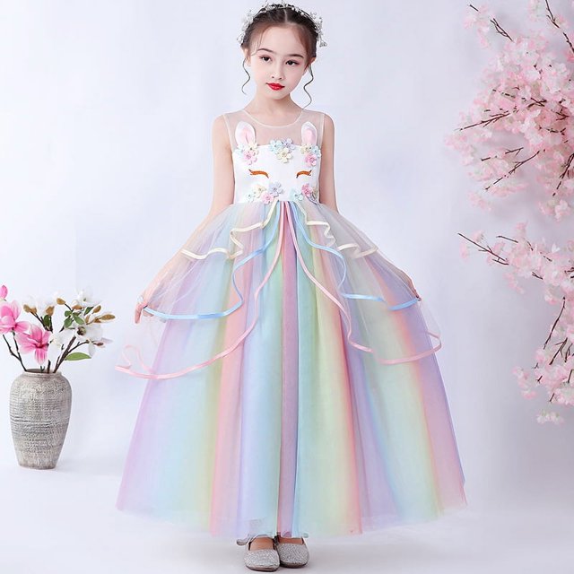 Vestido de malla para niña, vestido de verano para niña, unicornio, vestido de malla con velo abullonado de arcoíris para niña de las flores, vestido de princesa