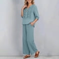 thumbnail image 4 of CIENVNSTG Linen Sets For Women 2 Piece Casual Vneck Embroidered 3/4 Sleeve Tops Wide Leg Linen Pants Set Mature Women Clothing Light Blue XL, 4 of 6