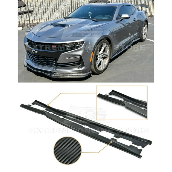 Replacement for 2019-Present Chevrolet Camaro | EOS T6 Style Add-On Bottom Line Side Skirts Rocker Panel Extension Pair (Carbon Fiber)