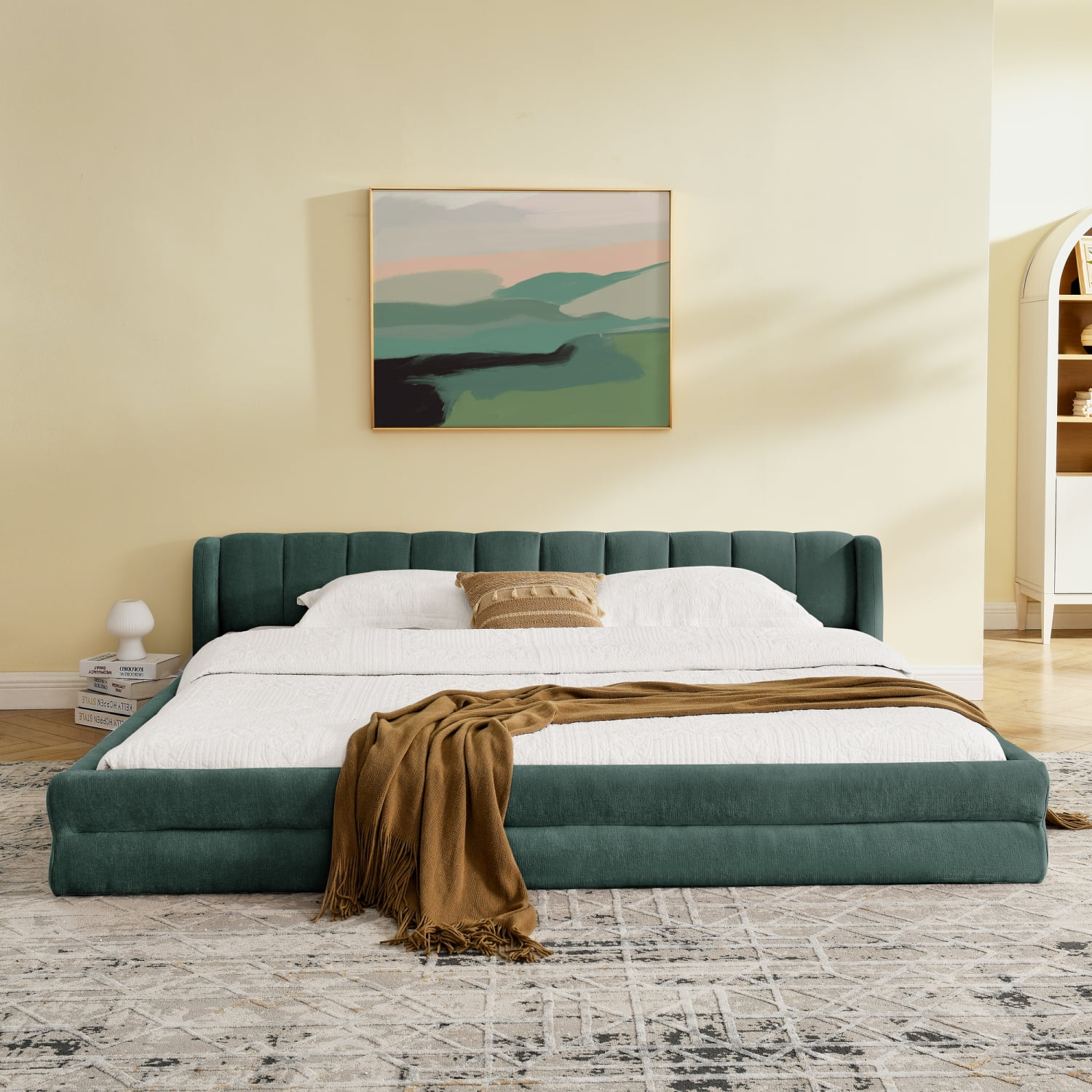 Lisonu King Size Grounded Bed Frame, Modern Upholstered Low Profile Platform, Soft Chenille Fabric with Padded Headboard, Blue & Green Finish