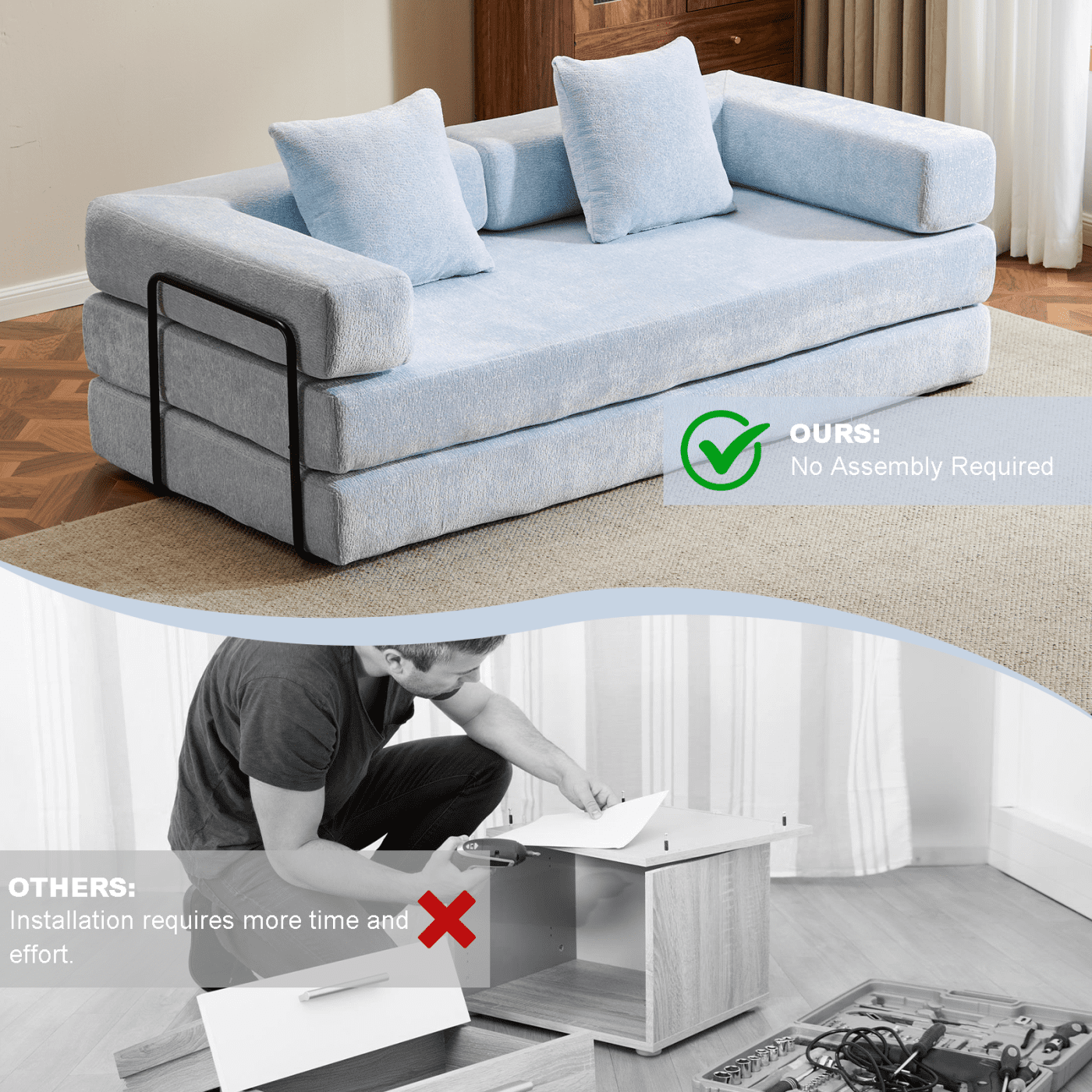 Convertible Sleeper Sofa Bed with Pillows, Chenille Folding Mattress Couch with Fixed-Shape Frame, Floor Sofa Bed Couch for Living Room Bedroom Lounge,Light Blue+Chenille