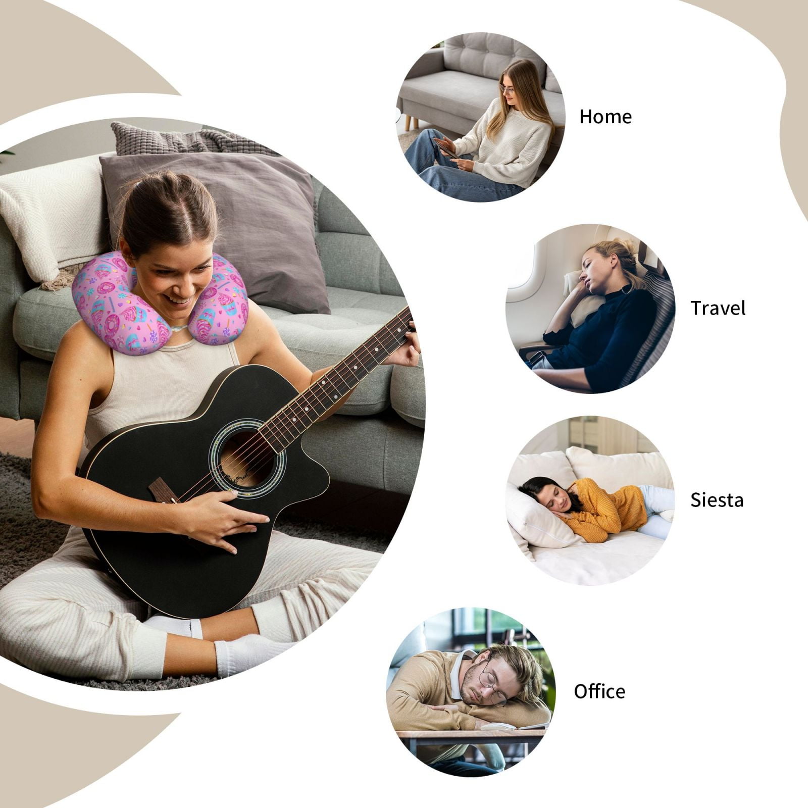Xecao Donuts Print Memory Foam Cervical Neck Pillow Versatile U-Shaped Pillows for Home,Office,Camping,Travelling,Soft Washable Cover