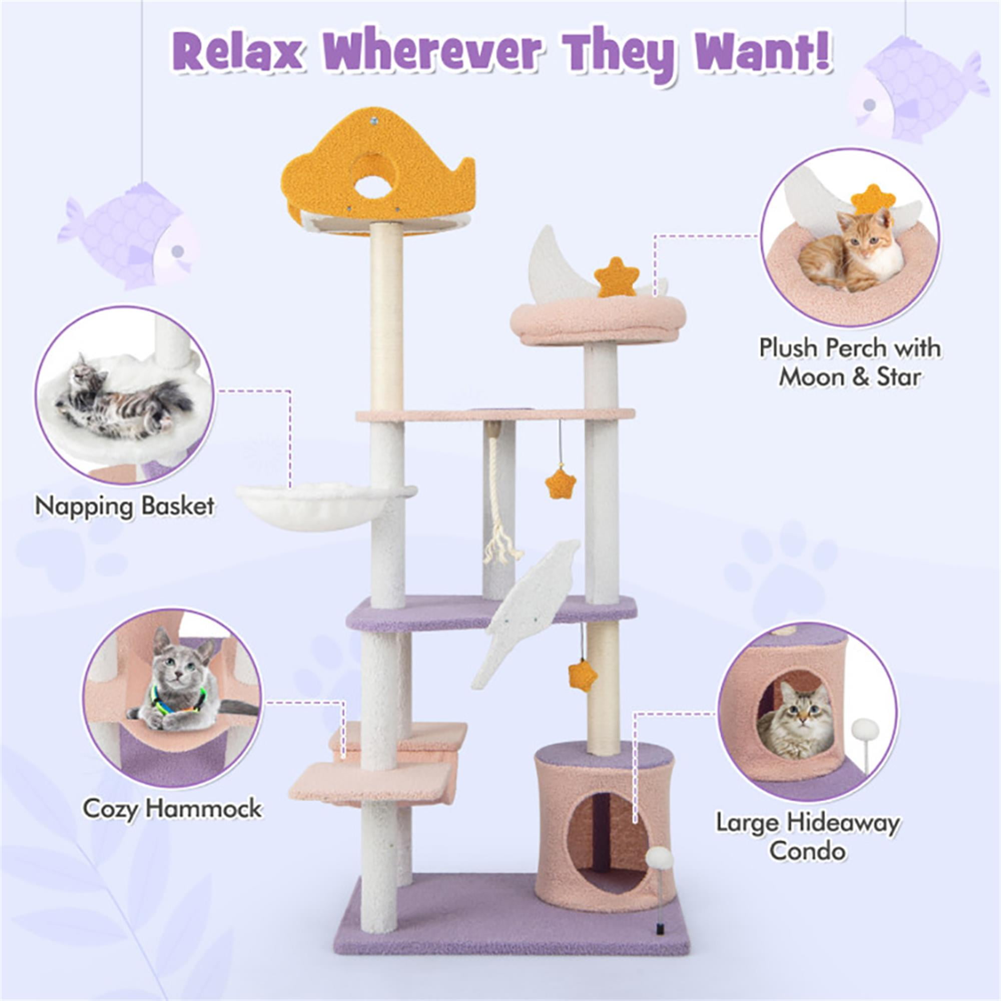 Kadyn 66" Cute Cat Tree Tower for Indoor Cats, Moon and Star Cat Condo with Sisal Scratching Posts, Plush Perches, Kitten Cat Tree Tower Activity Center, Purple