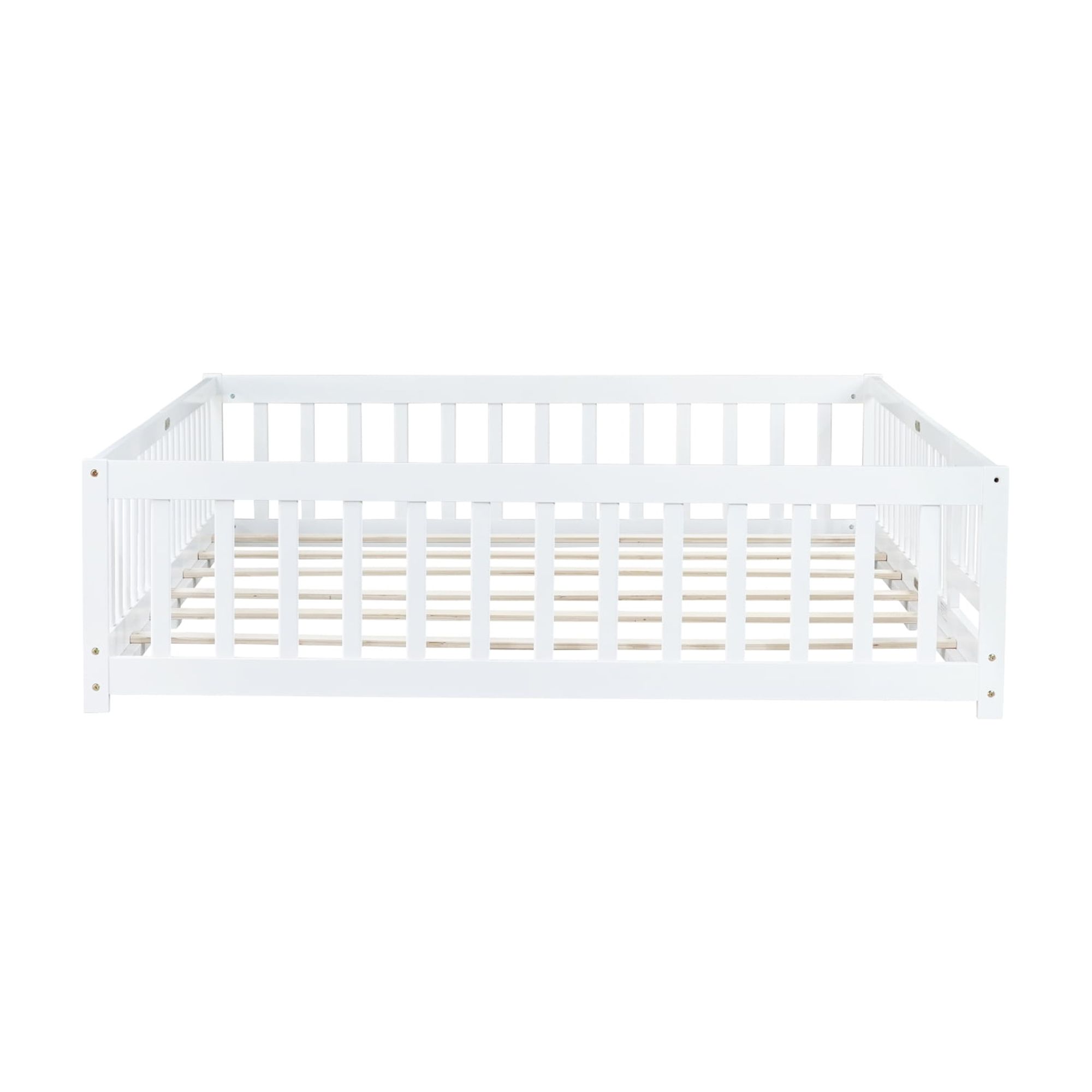 Leumius Queen Size Floor Bed with Fence and Door, Montessori Floor Bed with Safety Guardrails for Boys Girls White