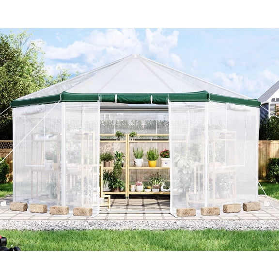 13.5x13.5x9 ft Hexagonal Walk-in Greenhouse for Outdoors, White/Green