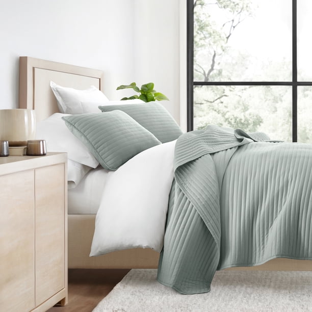 Juego de Edredón Resistente a las Arrugas para Todas las Estaciones, Colcha de Eucalipto a Rayas Verdes Cosidas para Ropa de Cama Tamaño Twin de Comfort Canopy