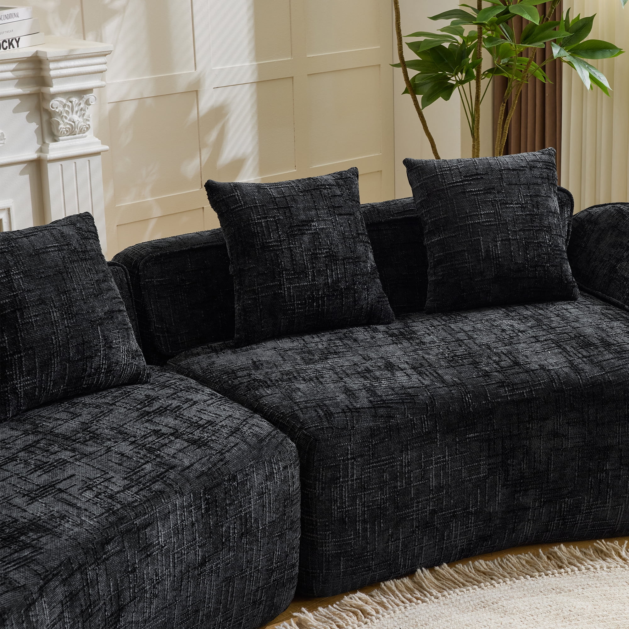 MAYEERTY 4-Seat Curved Compressed Sectional Sofa, Upholstered Cloud Modular Couch with Throw Pillows, No Assembly for Living Room Apartment Small Spaces