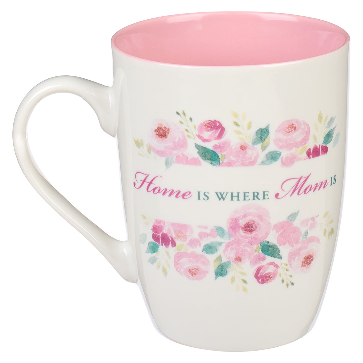 Special Coffee Mug for Mothers, Home is Where Mom Is Pink Peony Flowers Inspirational Coffee/Tea Cup for Her Birthday, Mother's Day, 12oz Ceramic Microwave Dishwasher Safe, With Love