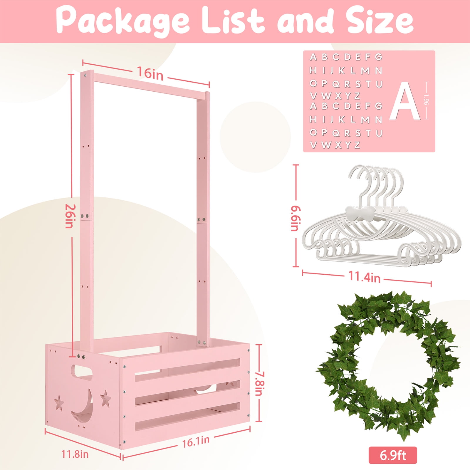 TeSabMi Large Baby Shower Gifts Basket Wooden Crate, Personalized Wooden Letters Hangers New Born Baby Girl Boy Pregnancy Gifts for New Mom Parents Vine Decorations Cute Closet with Adjustable Handle