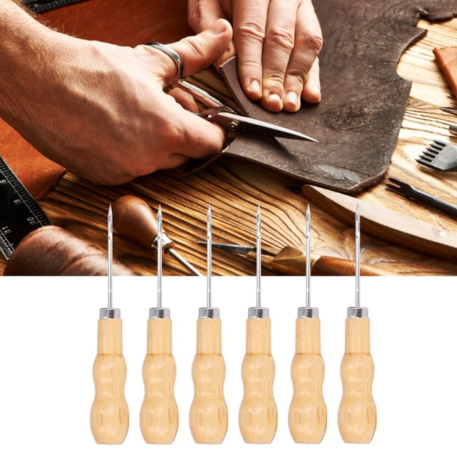 Hand Awls, Easy Threading Pine Wood Handle Leather Sewing Awl Tool Steel Needle Quick Penetration Ergonomic Design for DIY