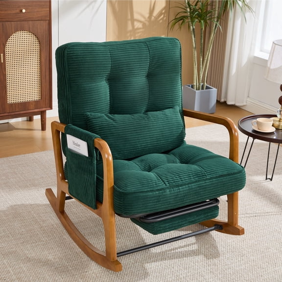 Homefun Corduroy Rocking Chair Wood Frame with Footrest Adjustable Back Storage Pocket for Nursery Living Room,Green