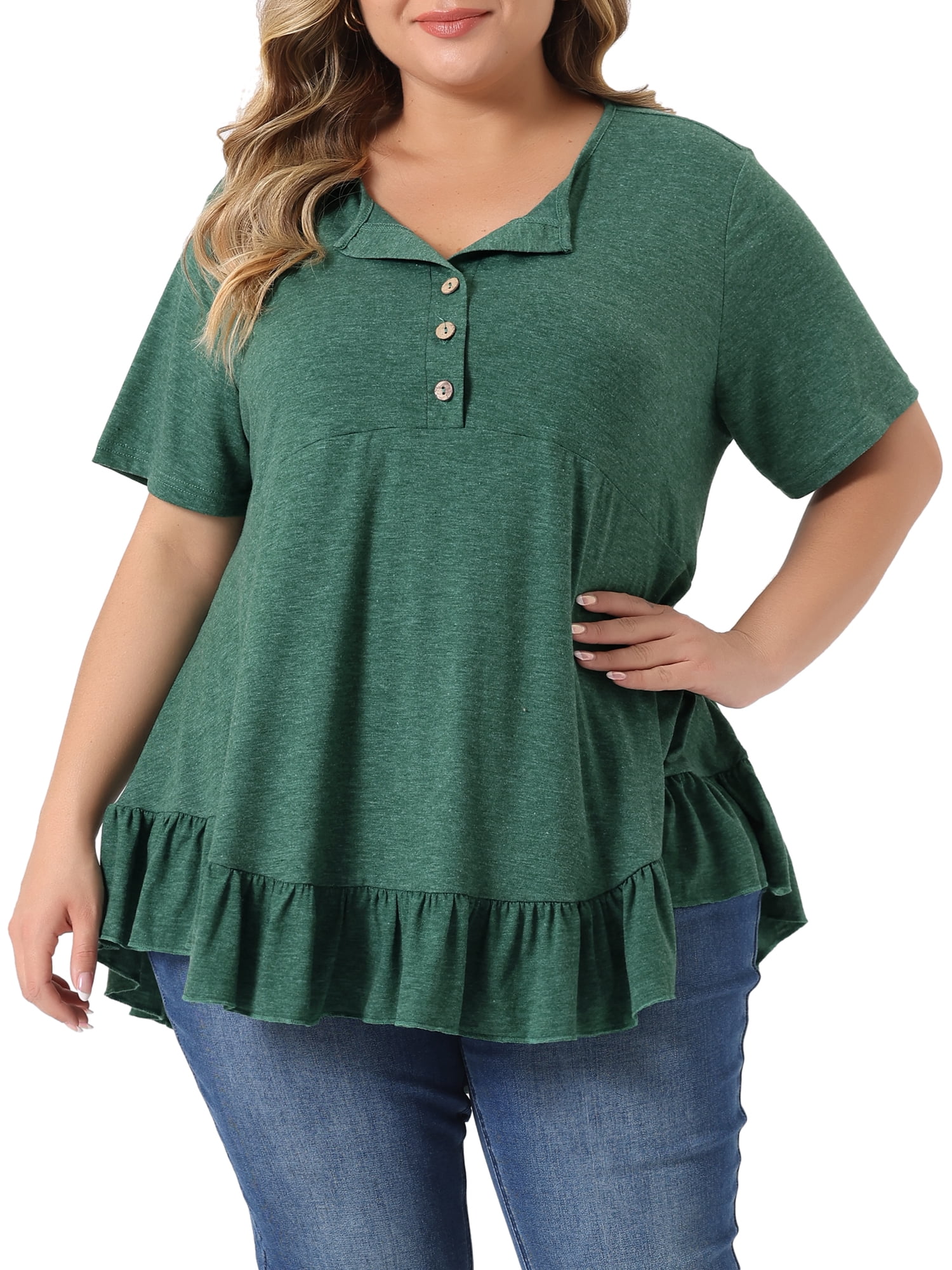 Women's Plus T Shirts Henley V Neck Button Up Short Sleeve Ruffled Hem Blouses Tops 3X Dark Green