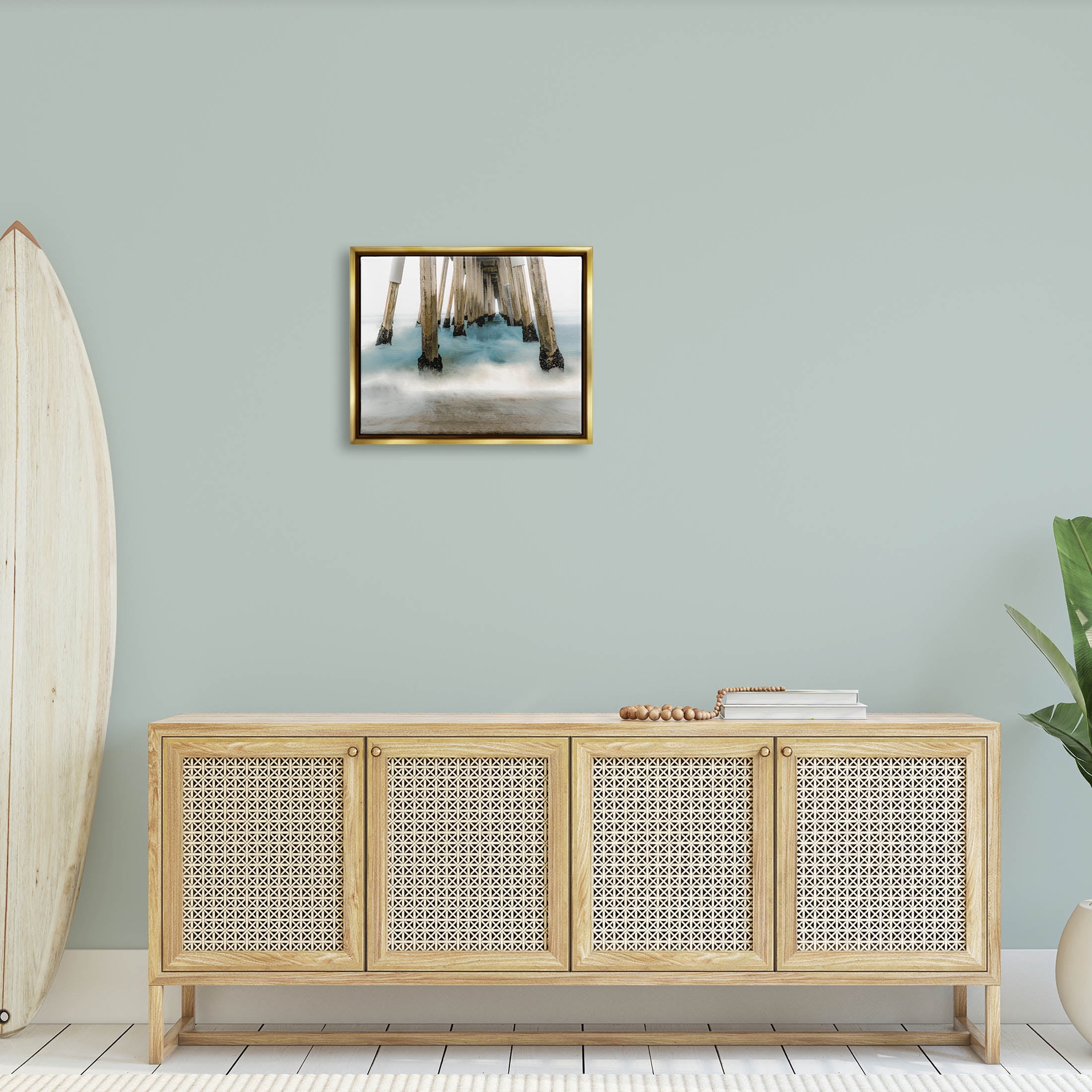 Waterfront Pier Splashing Sea Waves Coastal Graphic Art Metallic Gold Framed Art Print Wall Art