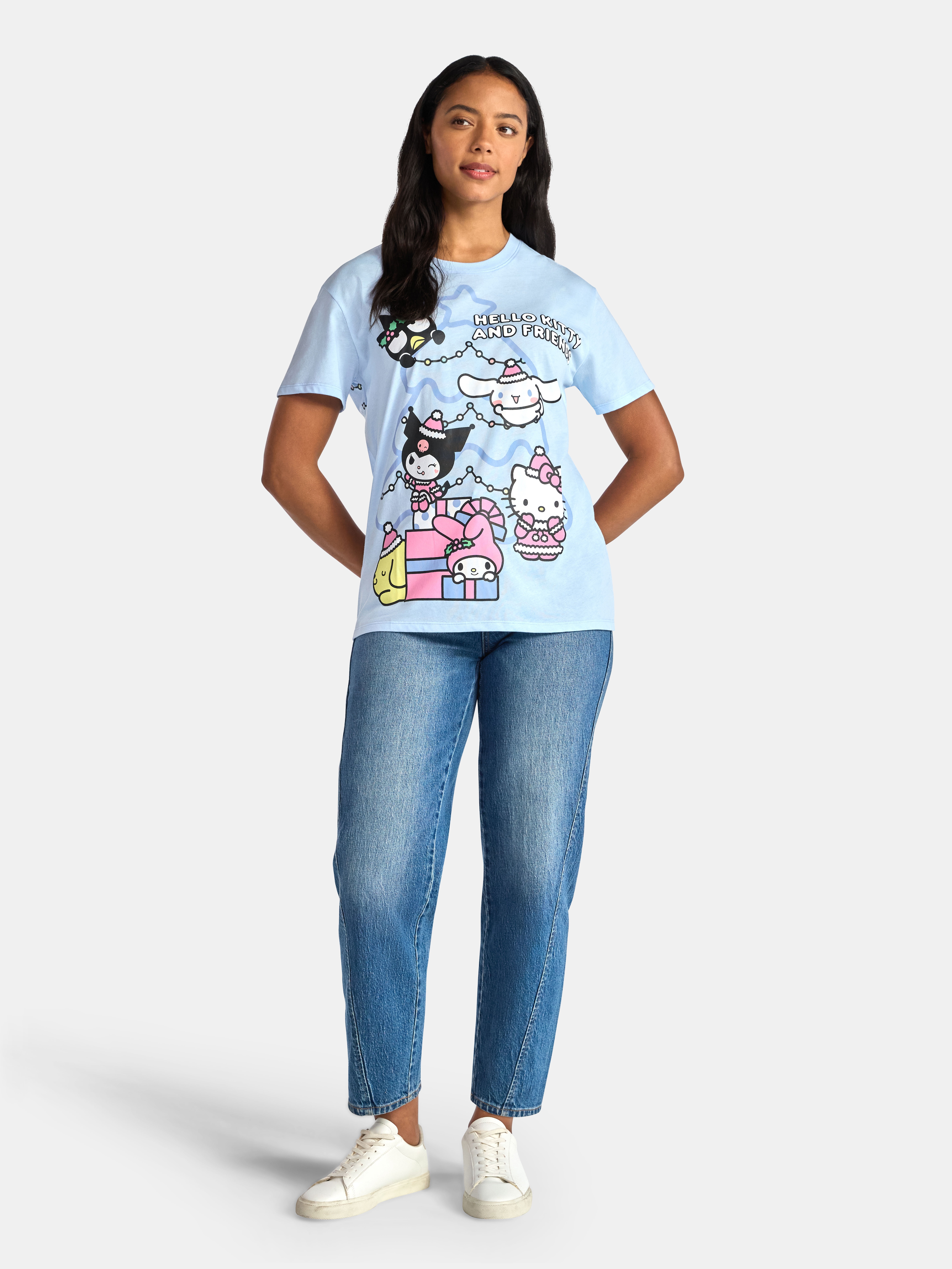 Hello Kitty & Friends Women's Christmas Front Back Graphic Tee with Short Sleeves, Sizes XXS-XXL
