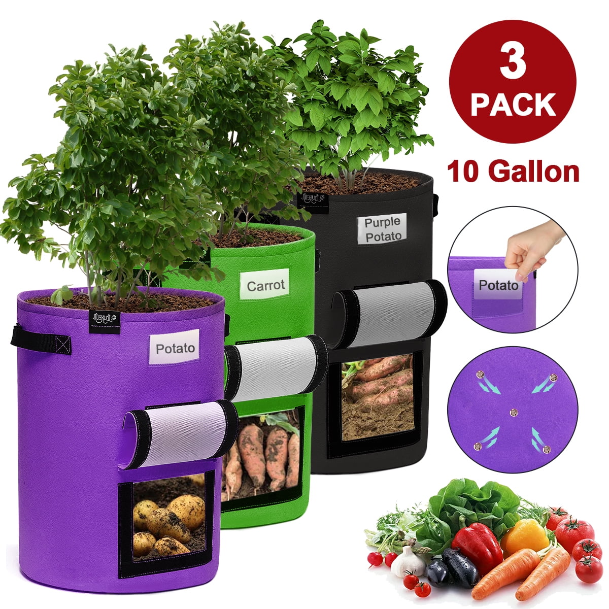 MFOX 3 Pack 10 Gallon Potato Grow Bags,Garden Planting Bags,Non-Woven Aeration Fabric Pot Growing Bags,Vegetables Planter Bags with Handle and Access Flap 