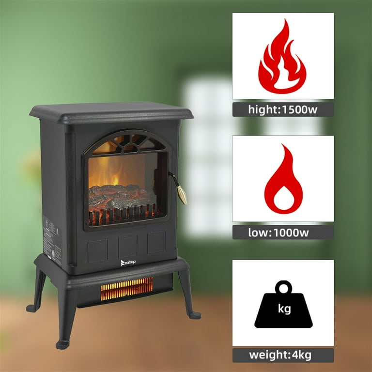 Electric Fireplace Heater 1500W Portable Compact Freestanding Stove Heater for Indoor Black Retro Style Space Heater W Realistic Flame Effect