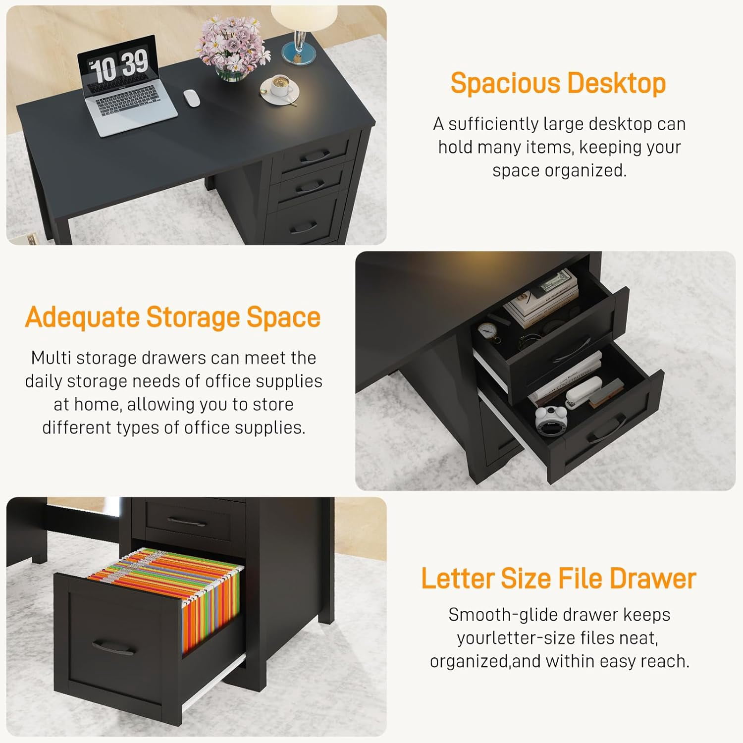 47-Inch Farmhouse Executive Desk with File Drawer and 2 Storage Drawers, Black Computer Workstation for Home Office