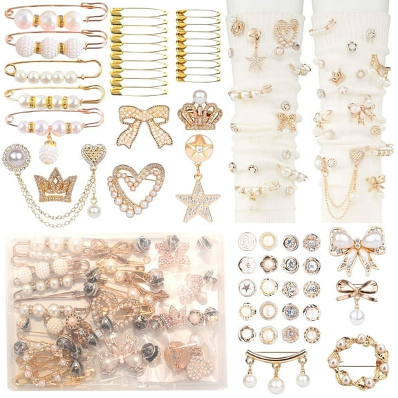 55 Pcs Boxed Bling Gold Junk Socks Charms Kit for Women Girls, Safety Pin Jewelry Charms with Bow Pearl Rhinestone Brooch for Women Shoes Sneakers Hats
