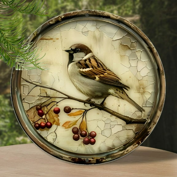 A Vintage Bird with a Cherry Round Wooden Sign, 8X8 Inches, 2D Printed Wooden Wall Art, Suitable for Home, Kitchen, Garden, And Office Decor - The Perfect Holiday Gift.
