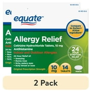 (2 pack) Equate 24 Hour Cetirizine Hydrochloride Allergy Relief Tablets, 10 mg, 14 Count