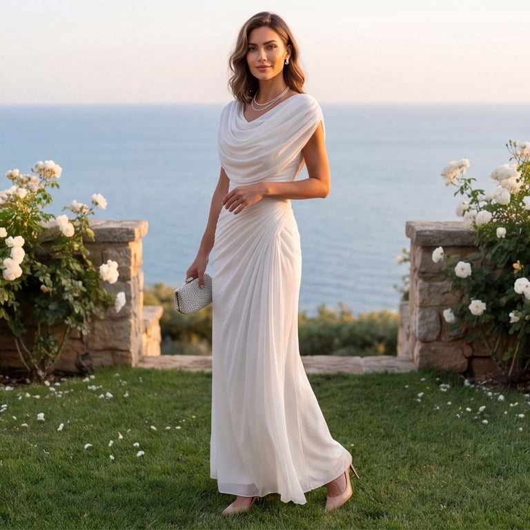 white sleeveless chiffon loose dress LISTHA Womens Chiffon Dress Draped Neck Sleeveless Solid Ruffle Vintage Elegant Flowy Maxi Dress White L, Women's, Size: Large