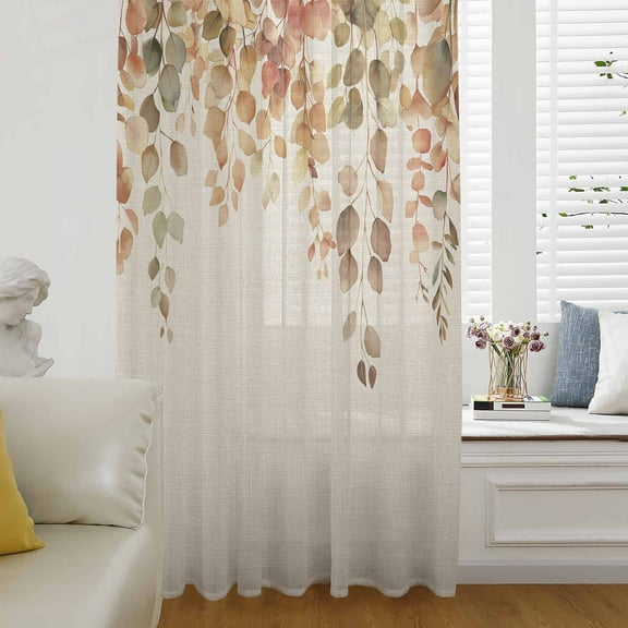 Orange Botanical Semi Sheer Curtains Drapes for Living Room, Bedroom, French Doors Window 96 Inches Long, Farmhouse Leaf Fall Thanksgiving Rod Pocket Chiffon Curtain Drapery Voile Draperies Panel