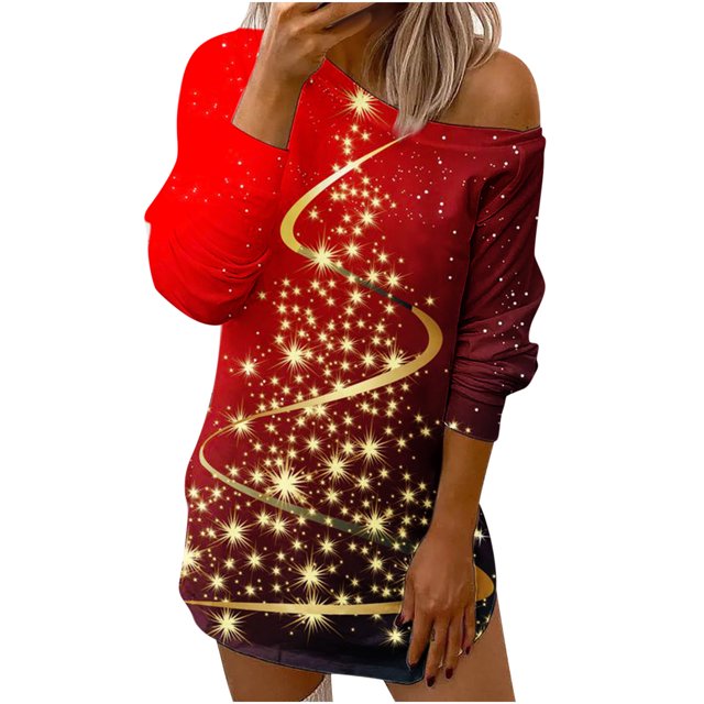 Camiseta sin tirantes de manga larga hueca con cuello inclinado suelto con estampado navideño para mujer Fridja FKASFK656