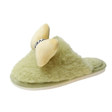 

Slippers For Women Fashion Winter Ladies Slippers Flat Bottom Non Slip Round Toe Bow Knot Solid Color Plush Warm And Comfortable