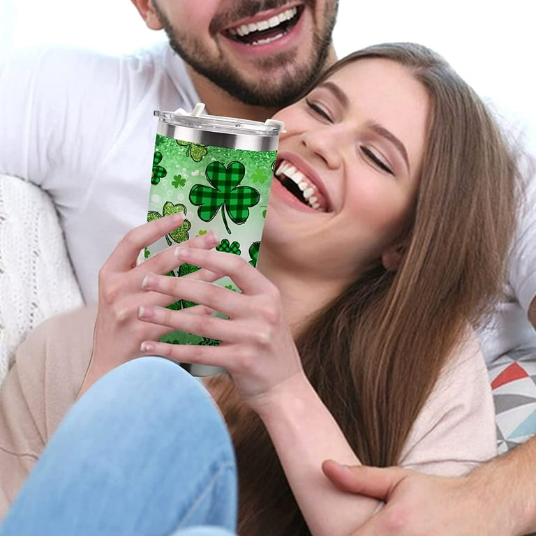 St Patricks Day Tumbler with Lid and Straw, Glitter Lucky Green