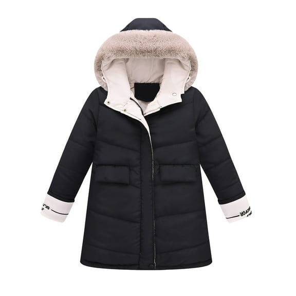 oqasdz Girls Coats Big Kids Long Sleeve Detachable Hooded Jackets with Pockets Thicken Warm Quilted Outerwear Top Coat Outwear Size 3 Y-4 Y