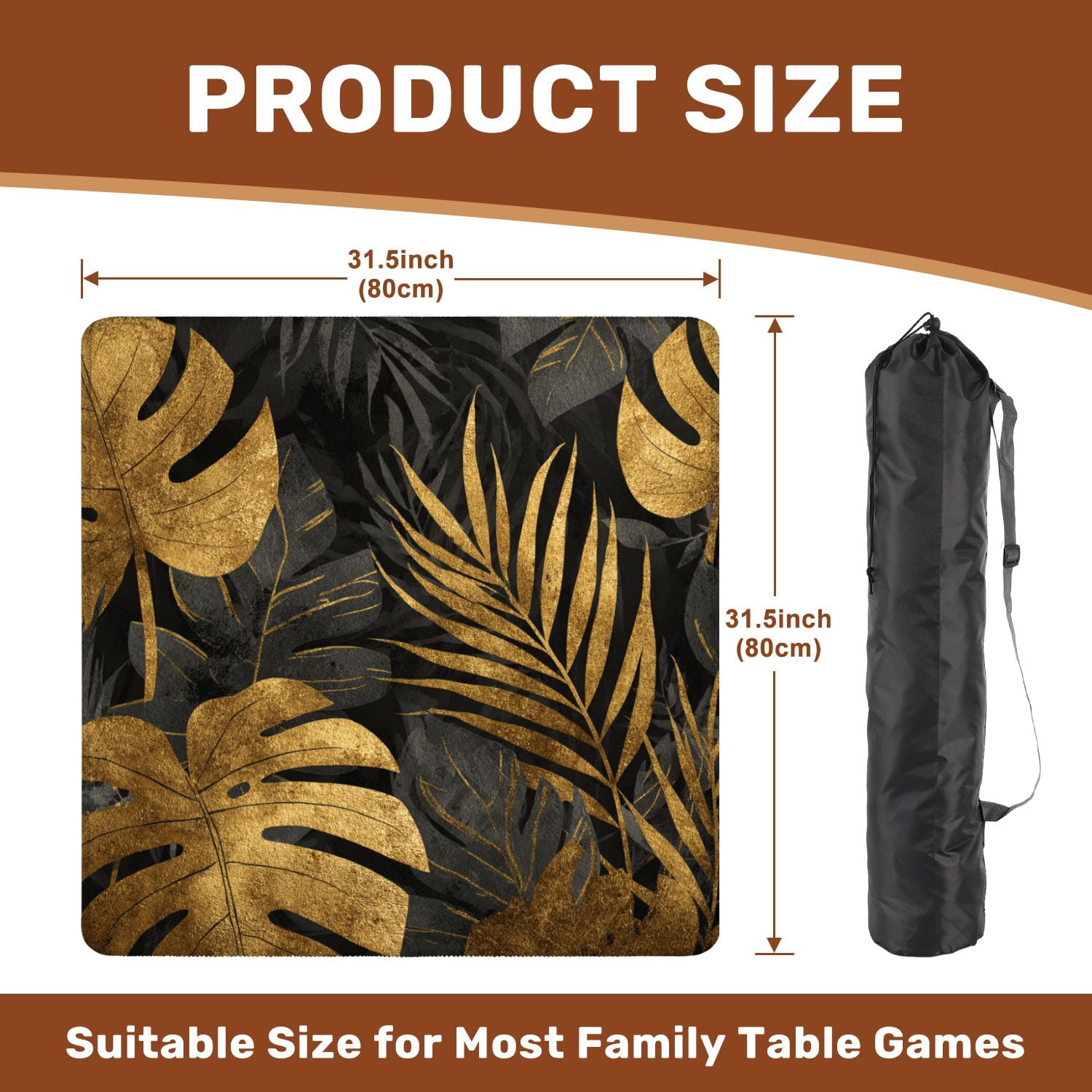 Mahjong Mat 31.5" x 31.5" seamless gold black tropical leaves dark Non-Slip Noise Reduction American Mahjong Tiles Table Cover for Dominoes Poker Card Board Games Gift