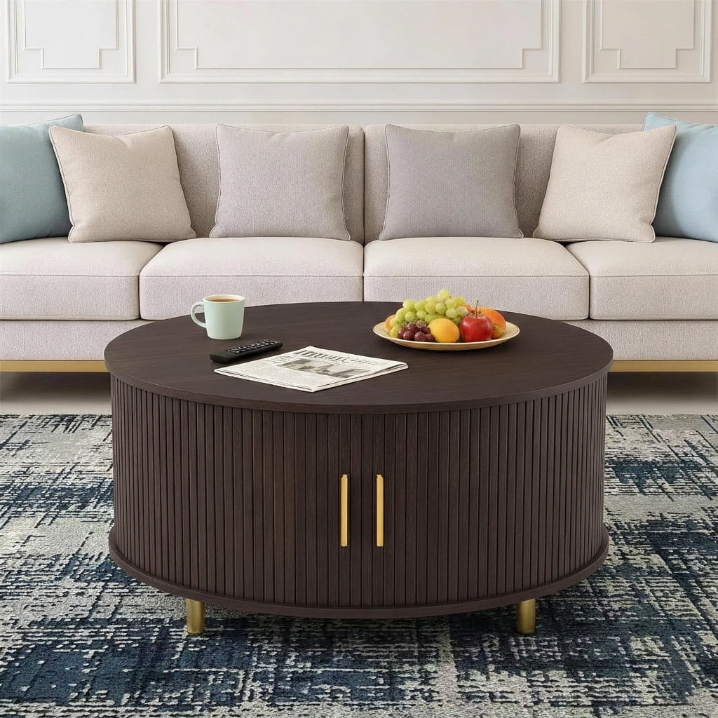 Aisword Round Coffee Table with 360° Sliding Door and Storage in Brown