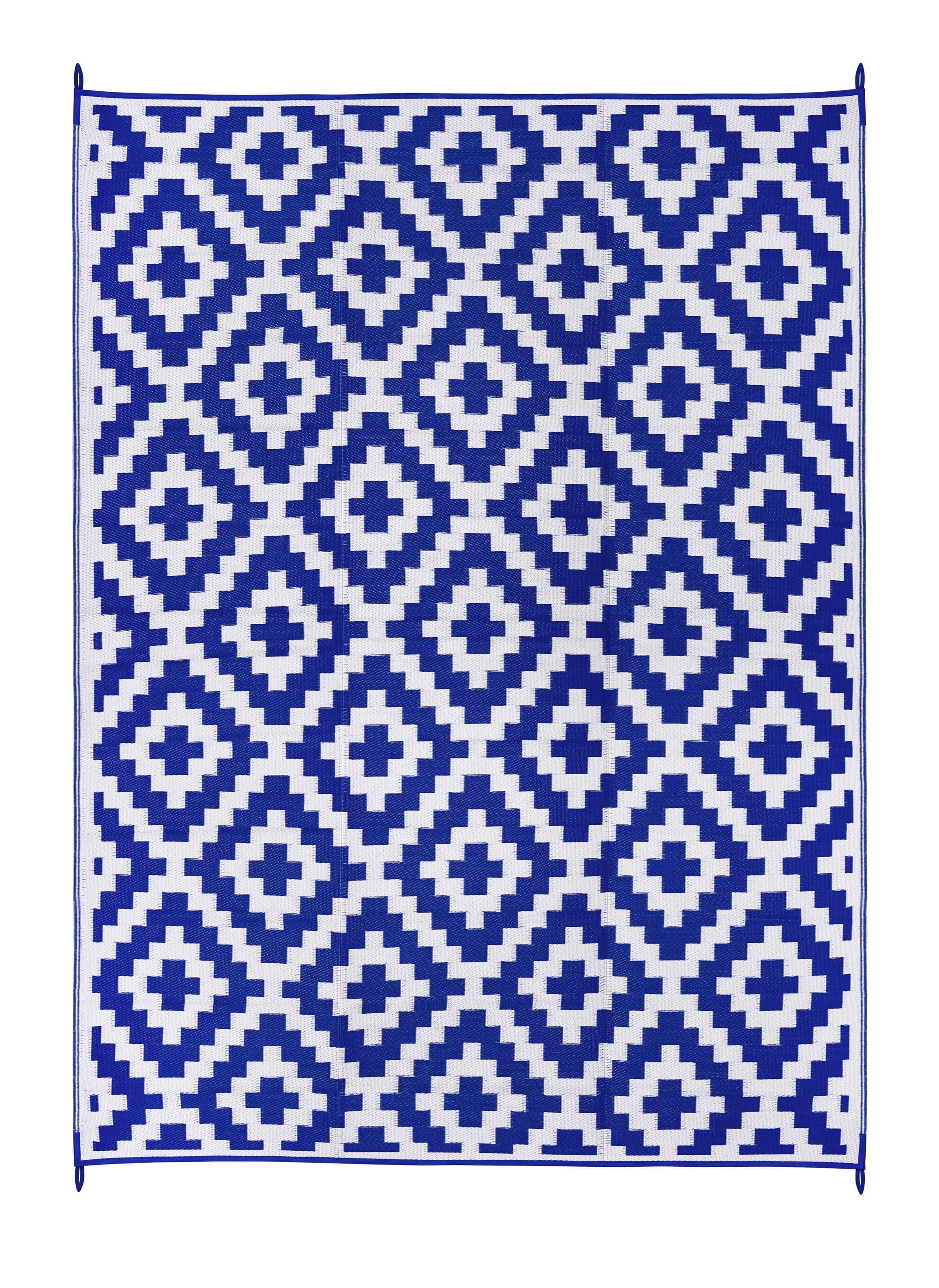 FH Home Outdoor Rug - Waterproof, Fade Resistant, Reversible - Premium Recycled Plastic - Geometric - Large Patio, Deck, Sunroom, RV, Camping - Aztec - Blue & White - 9 x 12 ft Foldable
