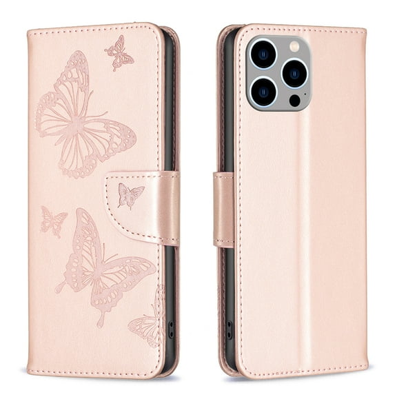 Dteck for Apple iPhone 15 Pro Wallet Case, Shockproof PU Leather Folio Butterfly Floral Embossed Holster Silicone Bumper with Card Holder Kickstand Magnetic Closure Lanyard for Women Girl, pink